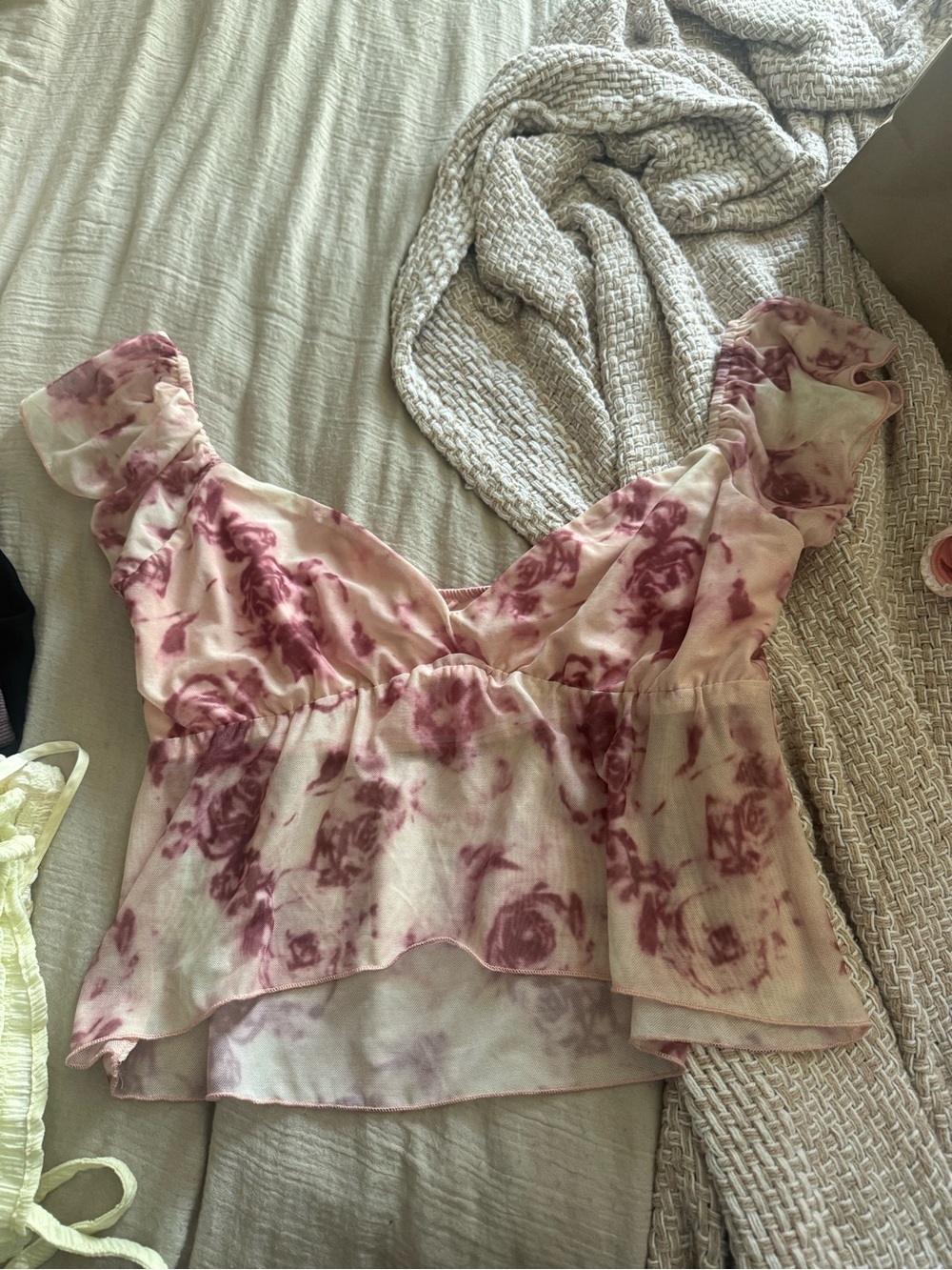 Princess Polly Women's Pink Floral Tie-Dye Ruffled V-Neck Top